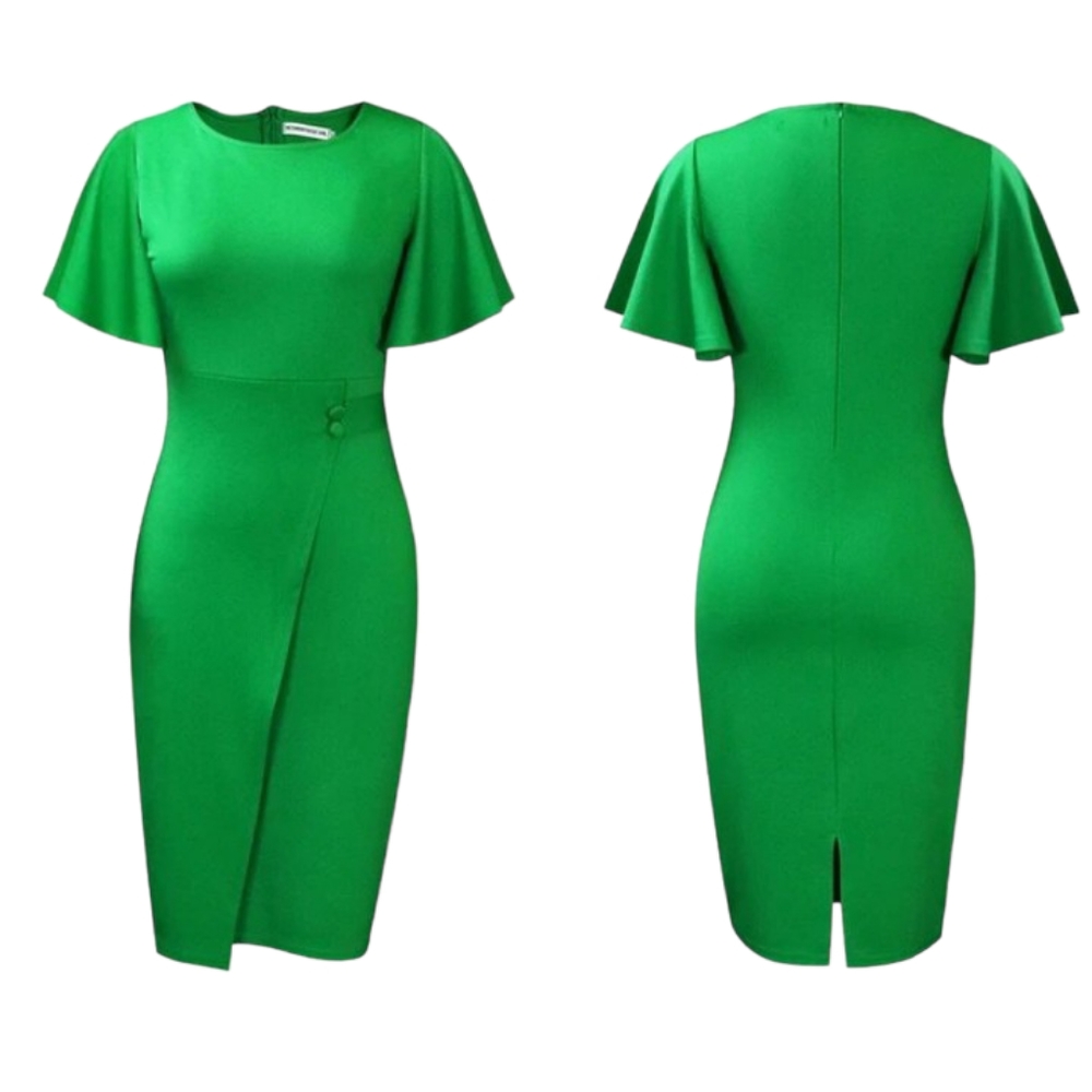 Midi Bodycon Green Metamorphosis Girl Ruffle Sleeve Dress Size LX. - Picture 3 of 10